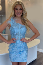 Misshow Sparkly Blue One Shoulder Tight Corset Short Homecoming Dress/Mini Dress with Feather